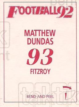 1992 Select AFL Stickers #93 Matthew Dundas Back